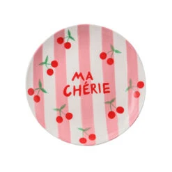 Assiette à Desssert En Céramique Rayée Rose Et Blanc D18.5cm