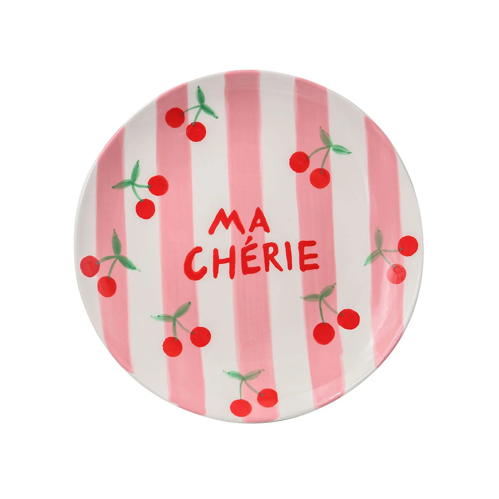 Assiette à Desssert En Céramique Rayée Rose Et Blanc D18.5cm 1 Assiette à Desssert En Céramique Rayée Rose Et Blanc D18.5cm