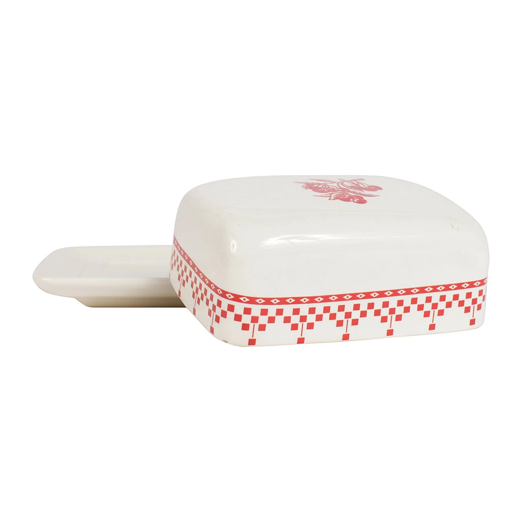 Beurrier En Faïence Blanc Et Rouge - Damier 2 Beurrier En Faïence Blanc Et Rouge - Damier – Image 2