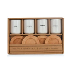 Coffret 4 Tasses En Faïence Blanc Avec Soucoupes En Bois 10cl