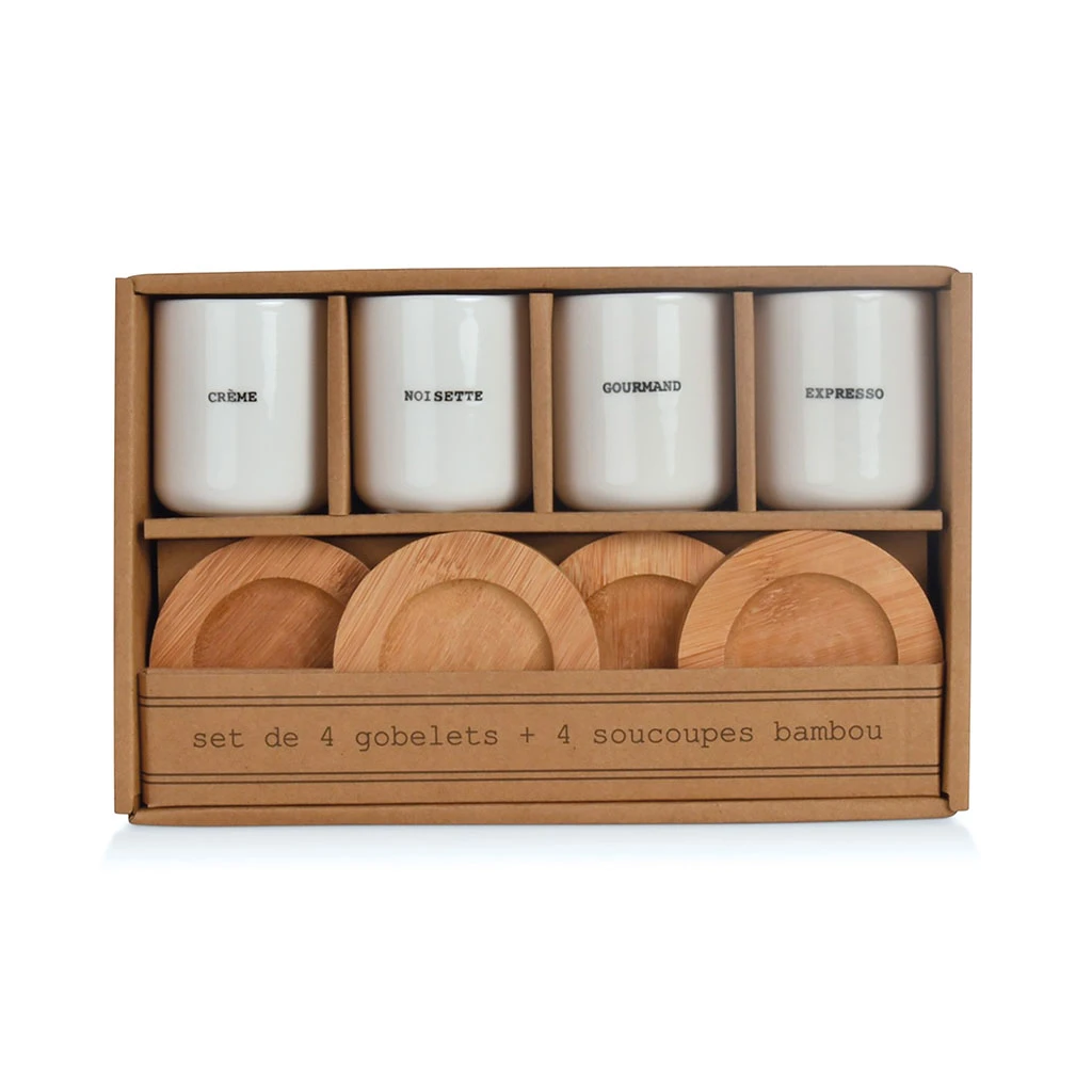Coffret 4 Tasses En Faïence Blanc Avec Soucoupes En Bois 10cl 1 Coffret 4 Tasses En Faïence Blanc Avec Soucoupes En Bois 10cl