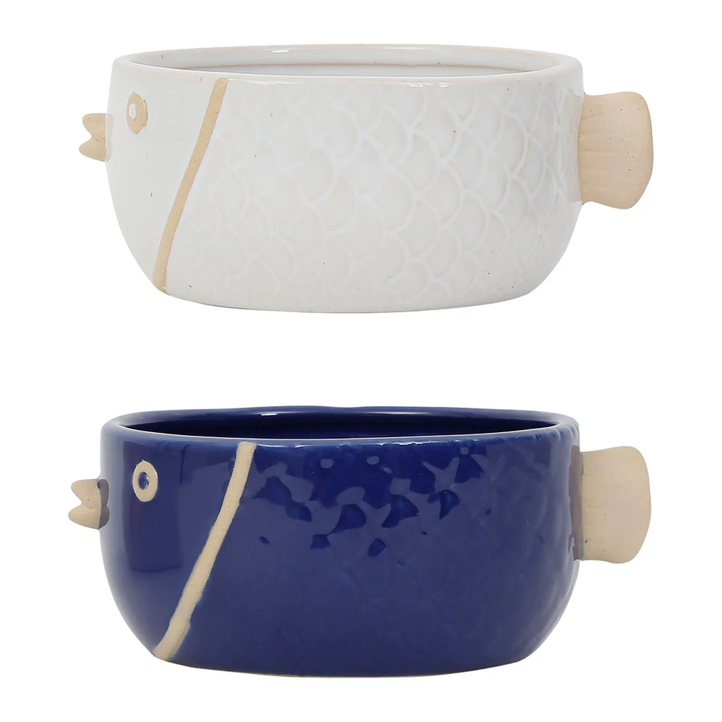 Lot De 2 Coupelles Gros Poisson En Grès Blanc Et Bleu 14x12cm - Océan 1 Lot De 2 Coupelles Gros Poisson En Grès Blanc Et Bleu 14x12cm - Océan