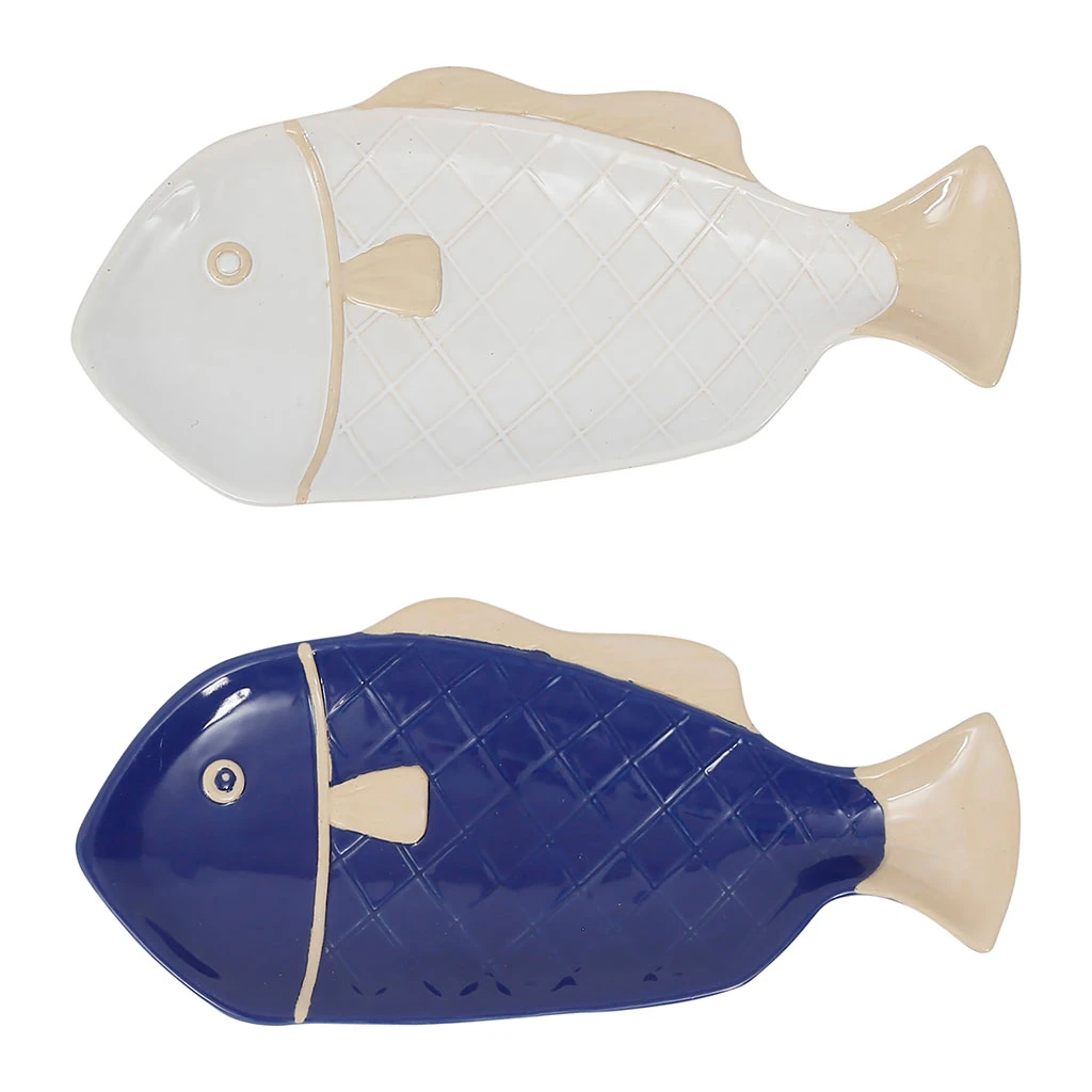 Lot De 2 Plats Poisson En Grès Blanc Et Bleu 31x14cm - Océan 1 Lot De 2 Plats Poisson En Grès Blanc Et Bleu 31x14cm - Océan