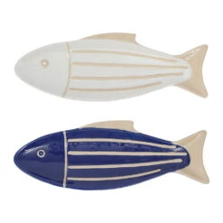 Lot De 2 Plats Poisson En Grès Blanc Et Bleu 35x12cm - Océan