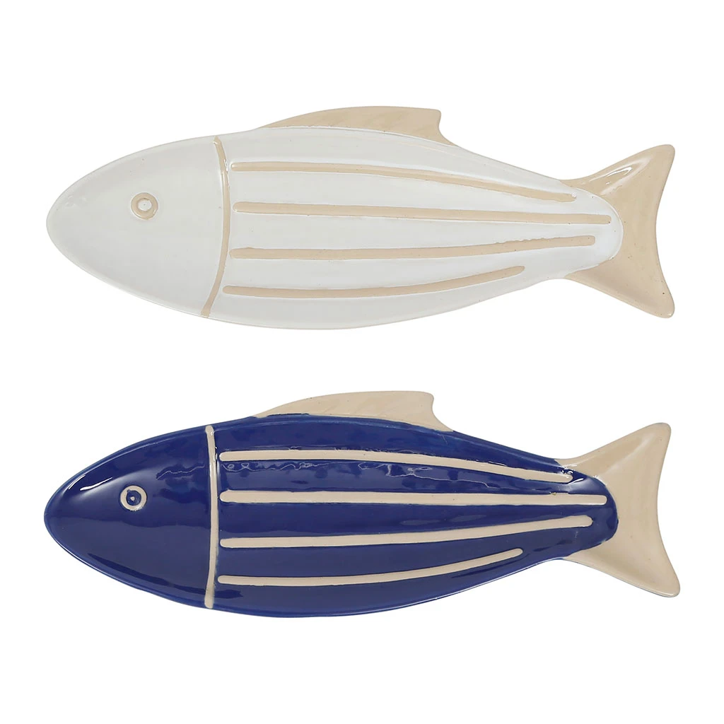 Lot De 2 Plats Poisson En Grès Blanc Et Bleu 35x12cm - Océan 1 Lot De 2 Plats Poisson En Grès Blanc Et Bleu 35x12cm - Océan