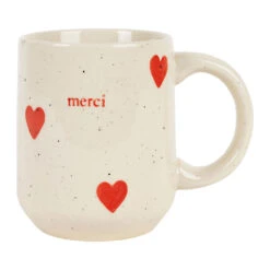 Mug Merci En Grès Blanc Et Rouge Moucheté 35cl - Famille