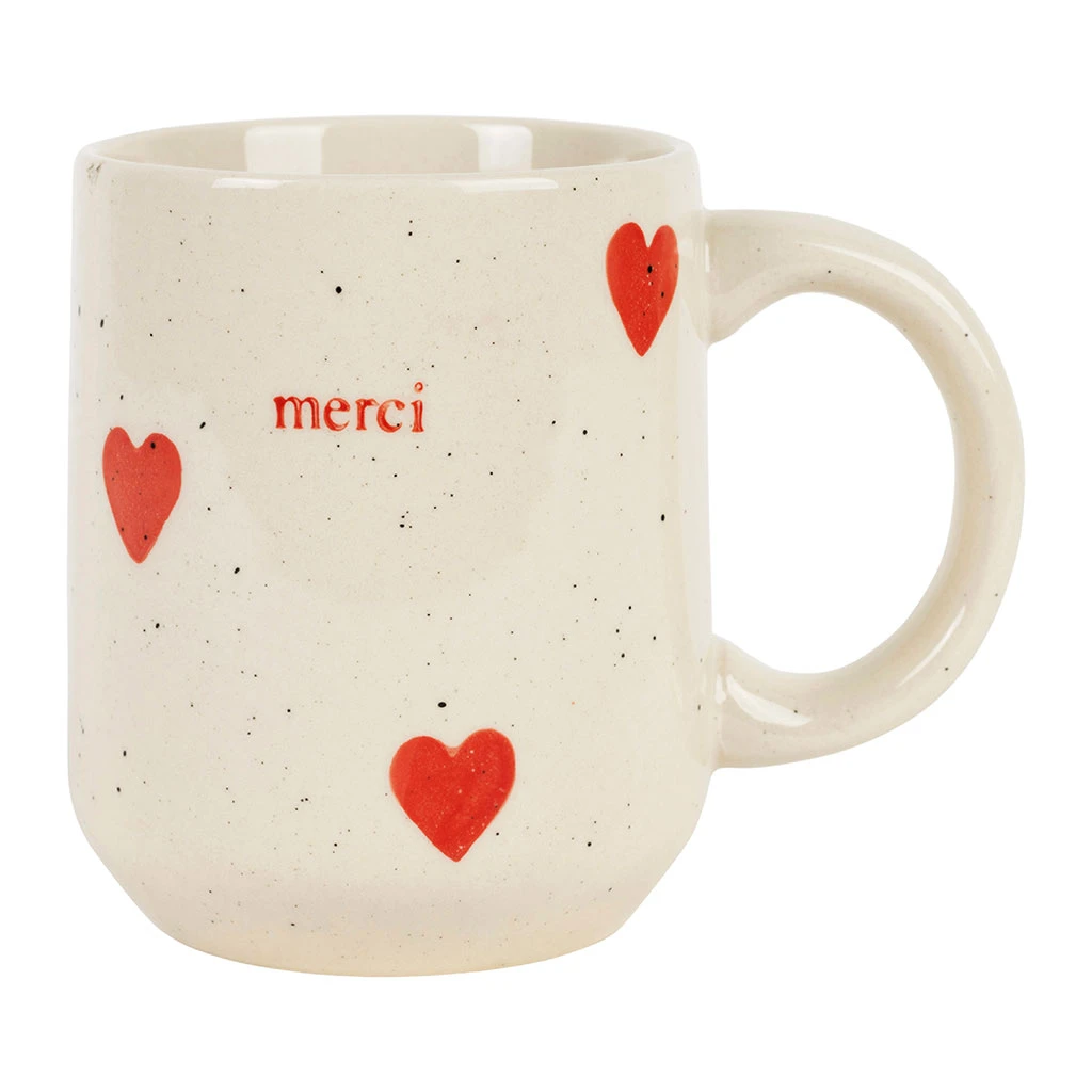 Mug Merci En Grès Blanc Et Rouge Moucheté 35cl - Famille 1 Mug Merci En Grès Blanc Et Rouge Moucheté 35cl - Famille
