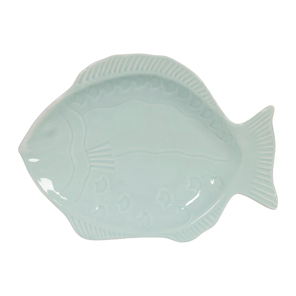 Plat Poisson En Faïence Vert D'eau 33x25cm - Poisson 1 Plat Poisson En Faïence Vert D'eau 33x25cm - Poisson